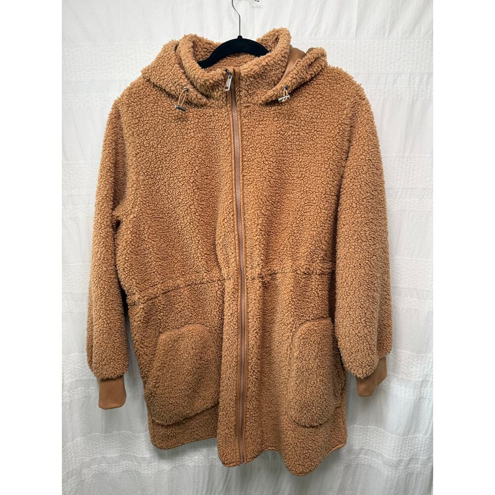 Time and Tru Women's Faux Shearling Hooded Full Zip Jacket, Mustard Brown, 1X